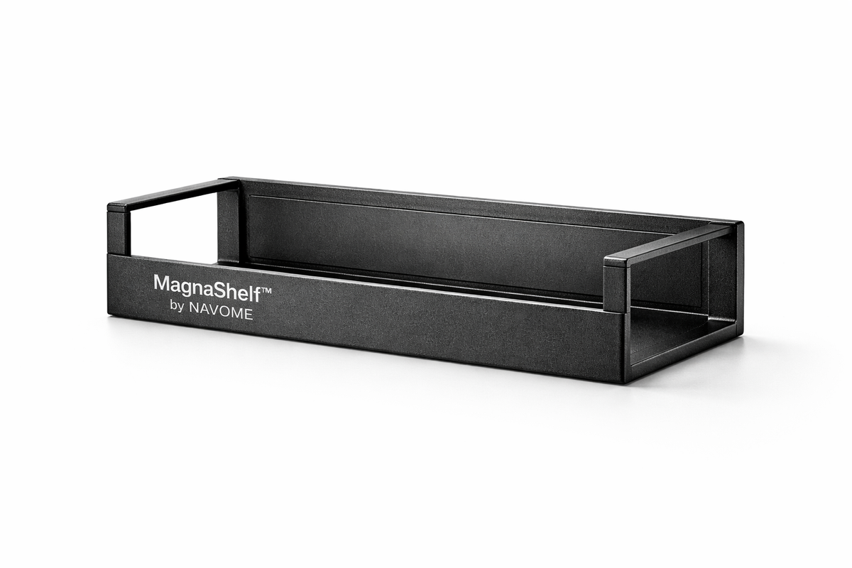 Black rectangular tray with 'MagnaShelf by Navome' branding on a white background