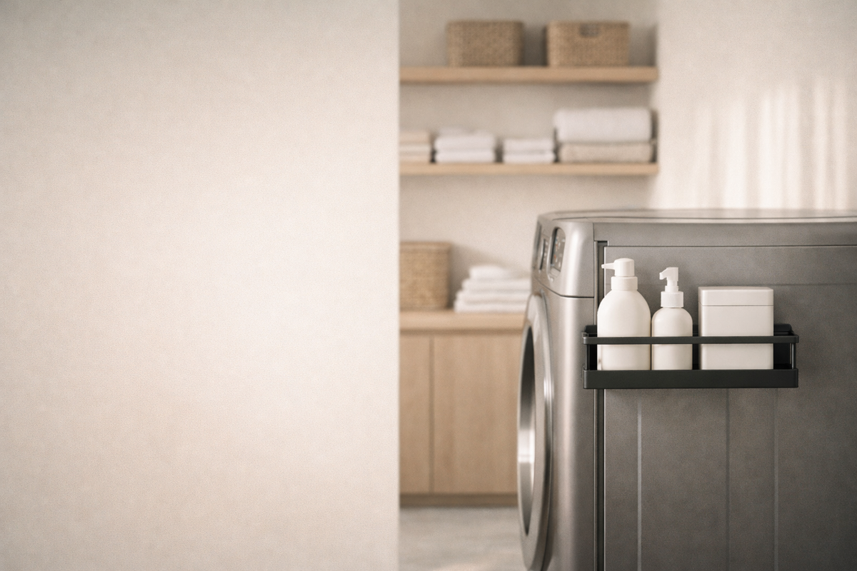 Laundry room with washing machine, shelves, and cleaning supplies.